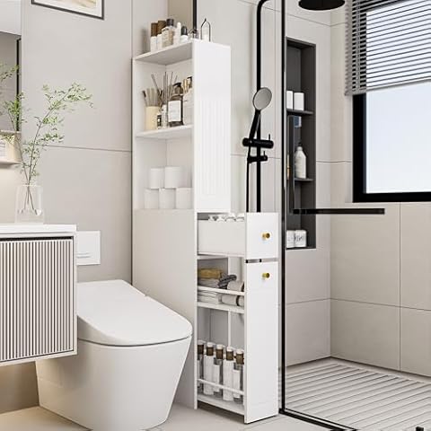 MECHYIN Tall Bathroom Storage Cabinet, Narrow Storage Cabinet for Small Spaces, Floor Kitchen Cabinet with 2 Shelves and 2 Drawers, Tall Corner Floor Kitchen Cabinet for Living Room, Home Office Cover