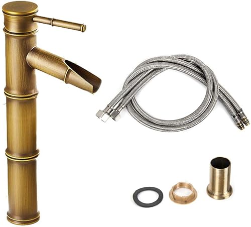 Miniatura 4 de Oak-Pine Grifo de cascada de diseño de bambú, cobre antiguo, comercial, moderno, acero inoxidable frotado, 3 juntas para baño, lavabo sin desagüe