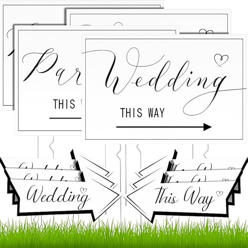 Wenqik 10 Pcs Wedding This Way Directional Parking Signs Include 4 Square and 6 Arrow Shaped Wedding Directional Parking Road Signs with Stakes, Large Double Sided(Classic Style)