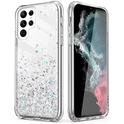 FineFinet Clear Glitter Case for Samsung Galaxy S22 Ultra 5G, Flexible Silicone TPU Cover with Sparkly Bling Star Soft Shockproof Protective Phone Case for Samsung Galaxy S22 Ultra 5G Cover