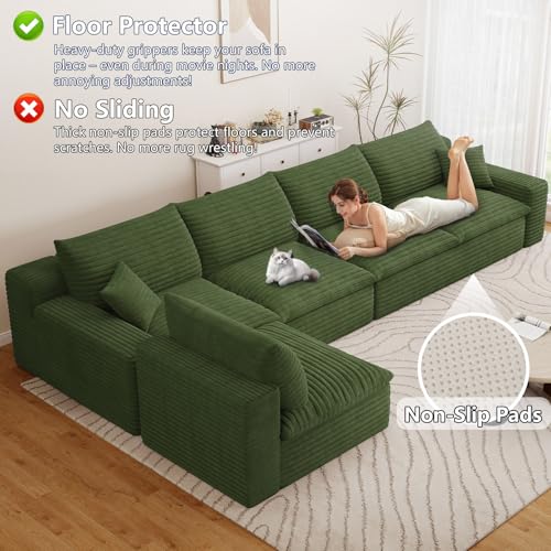 Image of 136 inch Cloud Couch Modular Sectional Sofa for Living Room, L-Shape Boneless Couch with Deep Seat, Modern Corduroy 5-Seater, No Assembly Required,Green