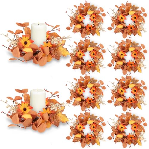 Image of 8 Pcs 3 Inch Fall Floral Candle Rings Wreath Autumn Harvest Sunflowers Pumpkins Leaves Berries Mini Thanksgiving Table Centerpiece Wreath for Cabinets Farmhouse Front Door Decoration