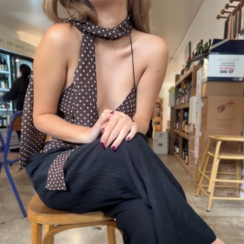 Women Polka Dot Halter Top Sexy V Neck Crop Cami Tops Backless Mesh Going Out Tank Top with Scarf Coquette Camisoles4