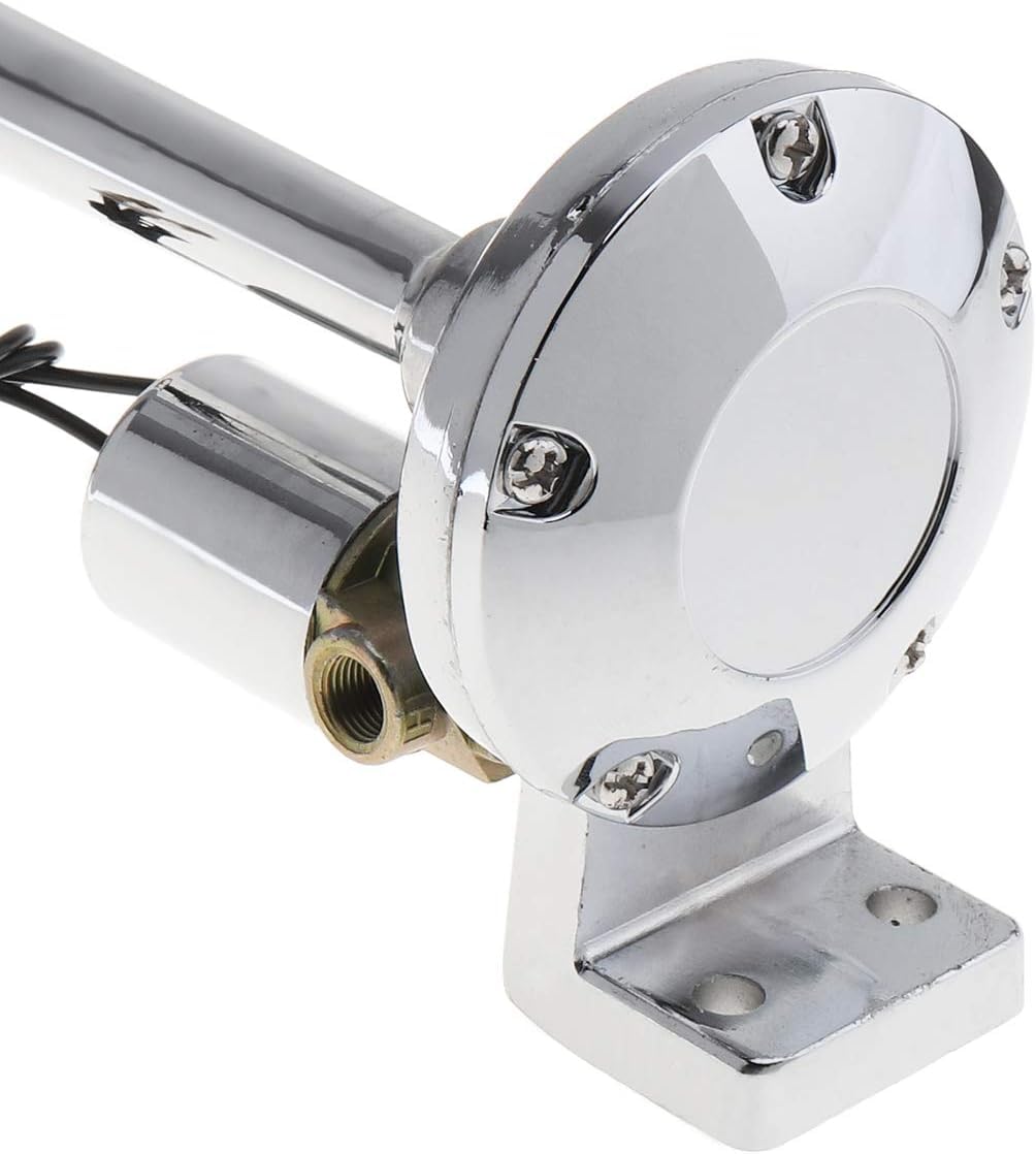 12/24V Hupe Horn 635mm Fanfare Druckluft Nebelhorn Rund mit Ventil 64cm 125dB Chrom Metal Hochwertig inkl. Montagesatz LKW Wohnwagen Boot Landtechnik Neu OVP