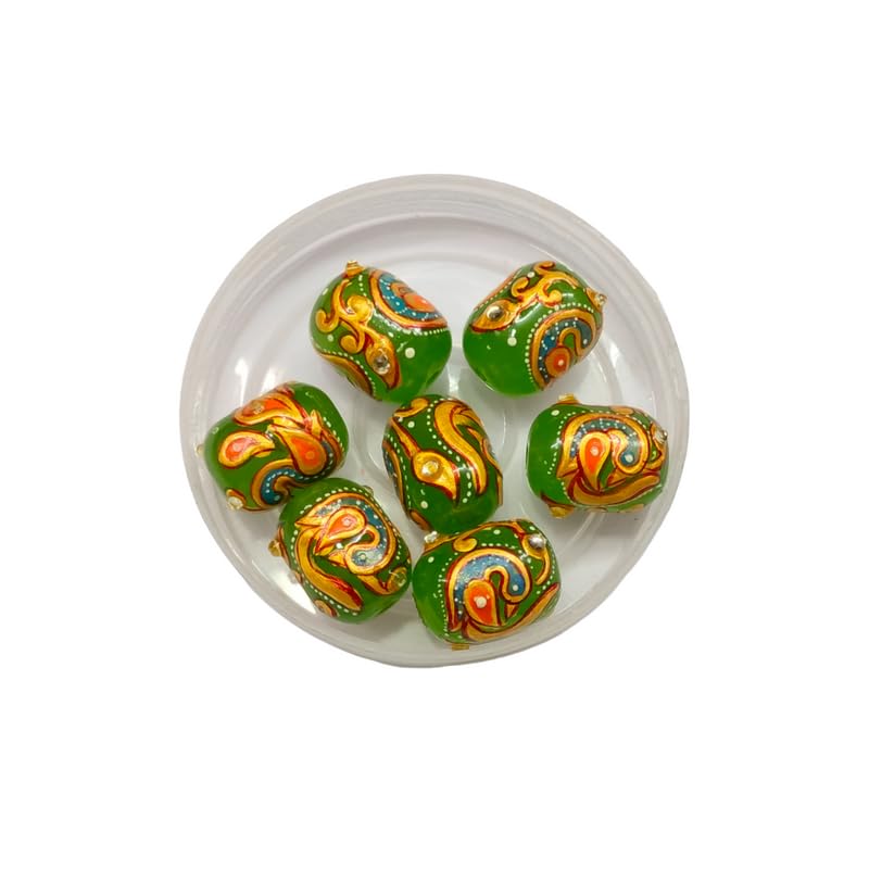 15x11mm Cylinder Shape Handpainted Kundan Glass Stone Beads for DIY Jewellery Making, Necklase Making, Rakhi Making Beads, 4 pcs (Light Green) KTC-3783