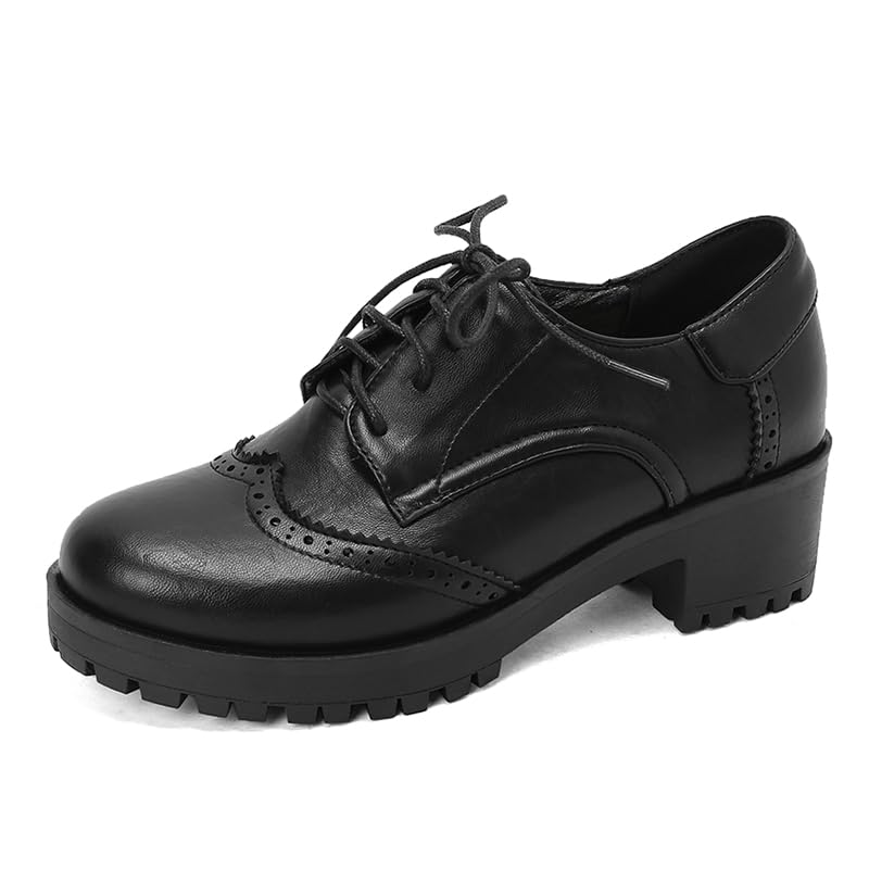 Elbslutt Womens Vintage Oxford Shoes Perforated Lace-up Round Toe Chunky Block Heel Brogues Shoes Platform Casual Comfort Work