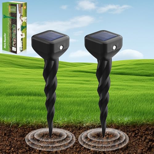 Dufuso Anti Taupe Solaire Ultrasons Lot de 2, Répulsif à Vibration et Ultrasons pour Taupes, Écureuils et Serpents, Protection Jardin IP65, Résistant aux Intempéries
