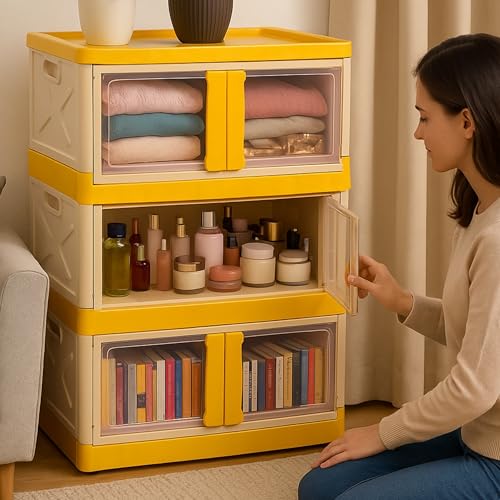 Image of MECHDEL Wardrobe Organizer for Storage /Polypropylene Foldable & Stackable Closet Basket /Cupboard Organizer for Clothes /Mounted Closet Systems (STORAGE BIN-ORANGE, 3PCS)