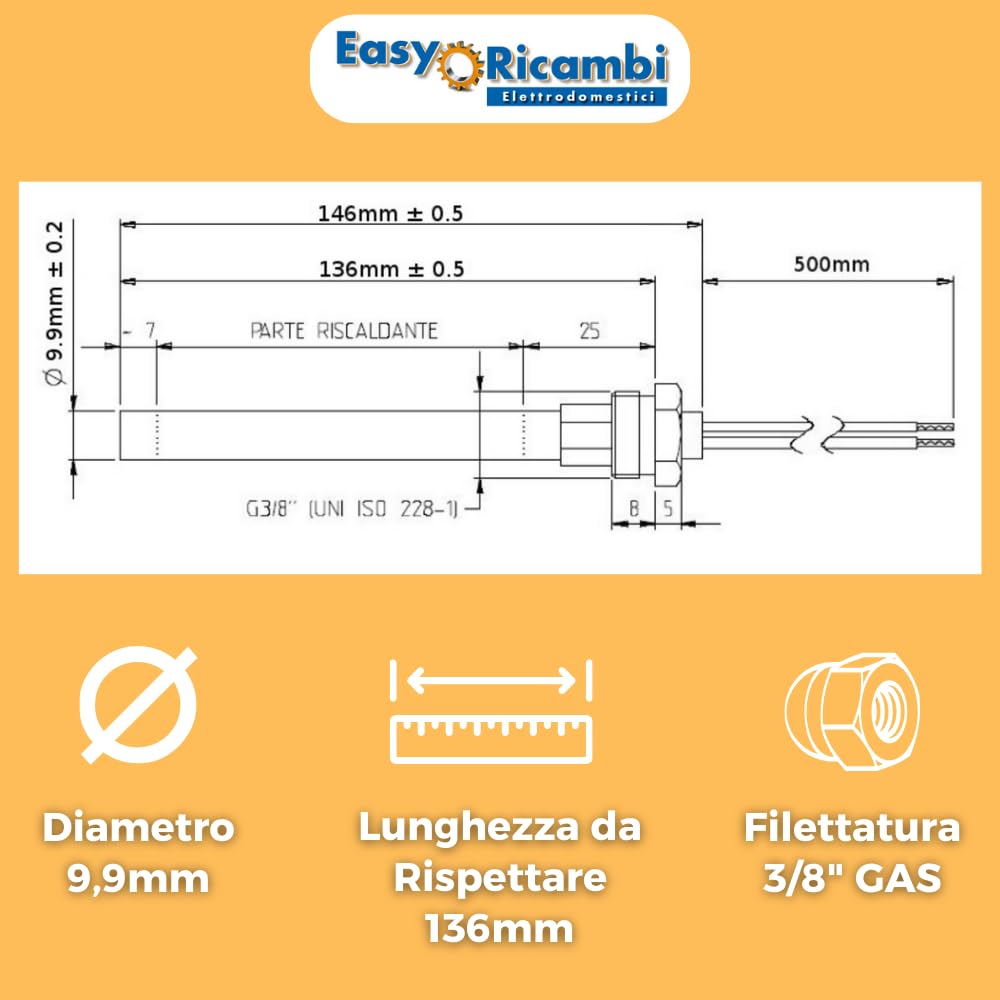 Easyricambi - Świeca zapłonowa do pieca na pellet 250 W, średnica 9,9 mm i długość 136 mm (długość całkowita 146 mm), gwint gazowy 3/8", opór do szybkiego nagrzewania, zamiennik do modeli Ecoteck