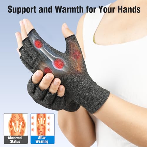 AovYoo 2 Paar Arthrose Handschuhe Fingerlose Kompressionshandschuhe, Arthriti Gaming Handschuhe für Arbeit Schlafen Sport,Bietet Halt und Wärme für die Finger (M, Grau+Rosa)