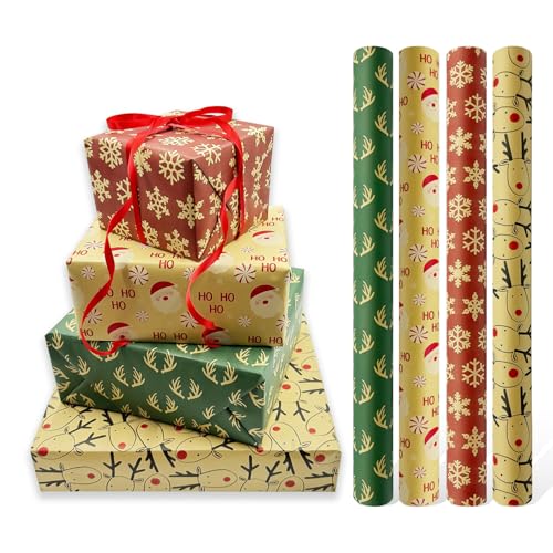 4 rollos de papel de regalo navideño, 43 cm x 3 m, papel de regalo Kraft reciclable, adecuado para Navidad, cumpleaños, fiestas, Halloween, baby shower, decoraciones navideñas