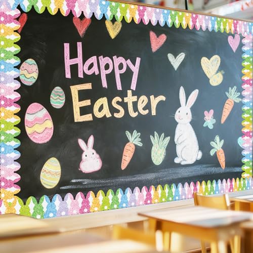 Image of Whaline 65.6ft Easter Bulletin Board Border Glitter Colorful Bunny Rabbit Shaped Die-Cut Border Trim for Spring Classroom Home Office Wall Chalkboard Decoration
