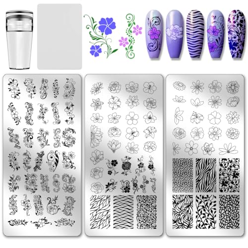PH PandaHall 3pcs Plaques Stamping Nail Fleur Pochoirs Art Nail Motifs Tourbillonnants Modèles Art Manucure Plantes en Acier Inoxydable pour Femmes Manucures...