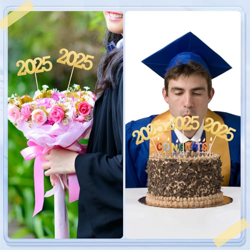 12 Pieces Glitter 2025 Centerpiece Sticks Gold Double Sided 2025 Graduation Party Sticks 2025 Floral Picks Table Centerpiece Topper for 2025 Graduation New Year Party Decoration Supplies,4.9x9.1\" - Thumbnail 6