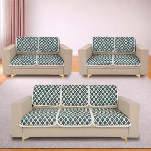 Image of Homerz Premium 'Maharaja Paradise Series' Sofa Cover | Net Fabric Sofa Cover | Washable, Anti-Dust Backed & Wrinkle Resistant Cover (Aqua Lattice, 7 (3+2+2) Seater, Seat Cover with Backrest)