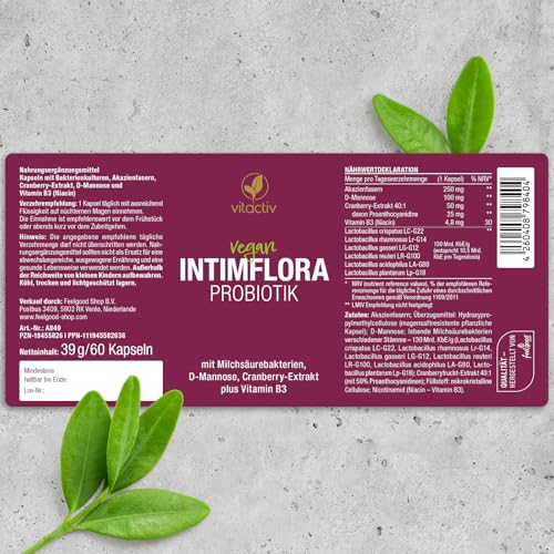 Vitactiv INTIMFLORA PROBIOTIK Milchsäurebakterien - 60 Probiotika Kapseln für Frauen - 6 Stämme, 130 Mrd. KbE/g, Akazienfasern Präbiotika - D-Mannose, Cranberry, Vitamin B3
