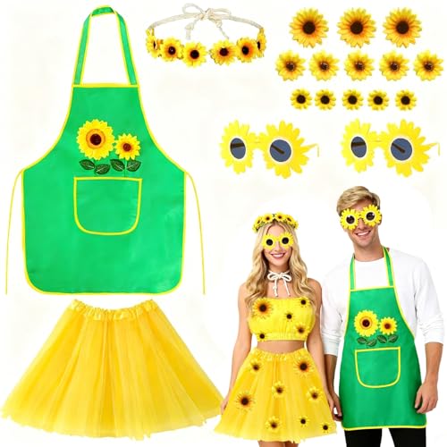 Amycute Karneval Sonnenblumen Kostüm Gärtner Kostüm Damen Herren Erwachsener karneval mit Gelbe Tutu Rock Gärtner Schürze Sonnenblume Zubehör Haarrreif Sonnenbrille für Mottoparty Halloween Maskerade