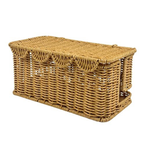 Scalloped Edge Handmade Cable Management Box Elegant Plastic Rattan Cable Organizer 2 Open Slots Sturdy Cord Hider Box Under Desk Cord Organizer for Home TV Wires Computer Router USB Hub Strips