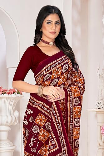Tamaira Fashion Women's Warli Batik Printed Pure Cotton Mulmul Saree Without Blouse Piece(2486_Mustard&Maroon)