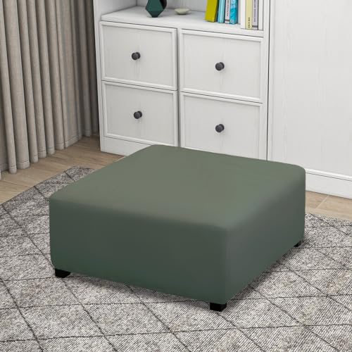 Image of PureFit Super Stretch Form Fit Square Ottoman Cover Rectangle - Ottoman Slipcovers for Foot Stool & Folding Storage Furniture for Living Room with Nonslip Elastic Bottom (Medium-XL, Grayish Green)
