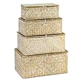 QWORK Seagrass Basket Set with Lids - 4-Piece Rattan Wicker Storage Baskets in Assorted Sizes, Handwoven, Durable Organizer for Home & Office, Rustic Farmhouse Decor, White