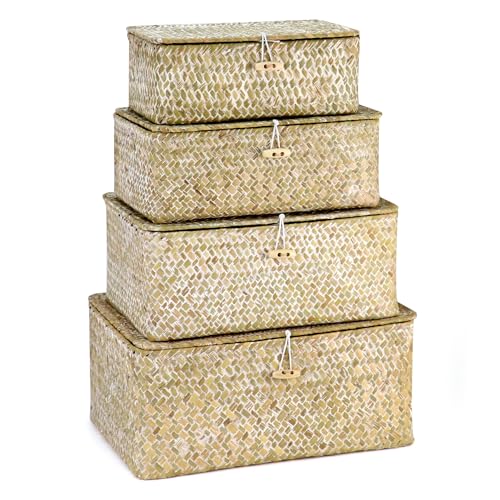QWORK Seagrass Basket Set with Lids - 4-Piece Rattan Wicker Storage Baskets in Assorted Sizes, Handwoven, Durable Organizer for Home & Office, Rustic Farmhouse Decor, White