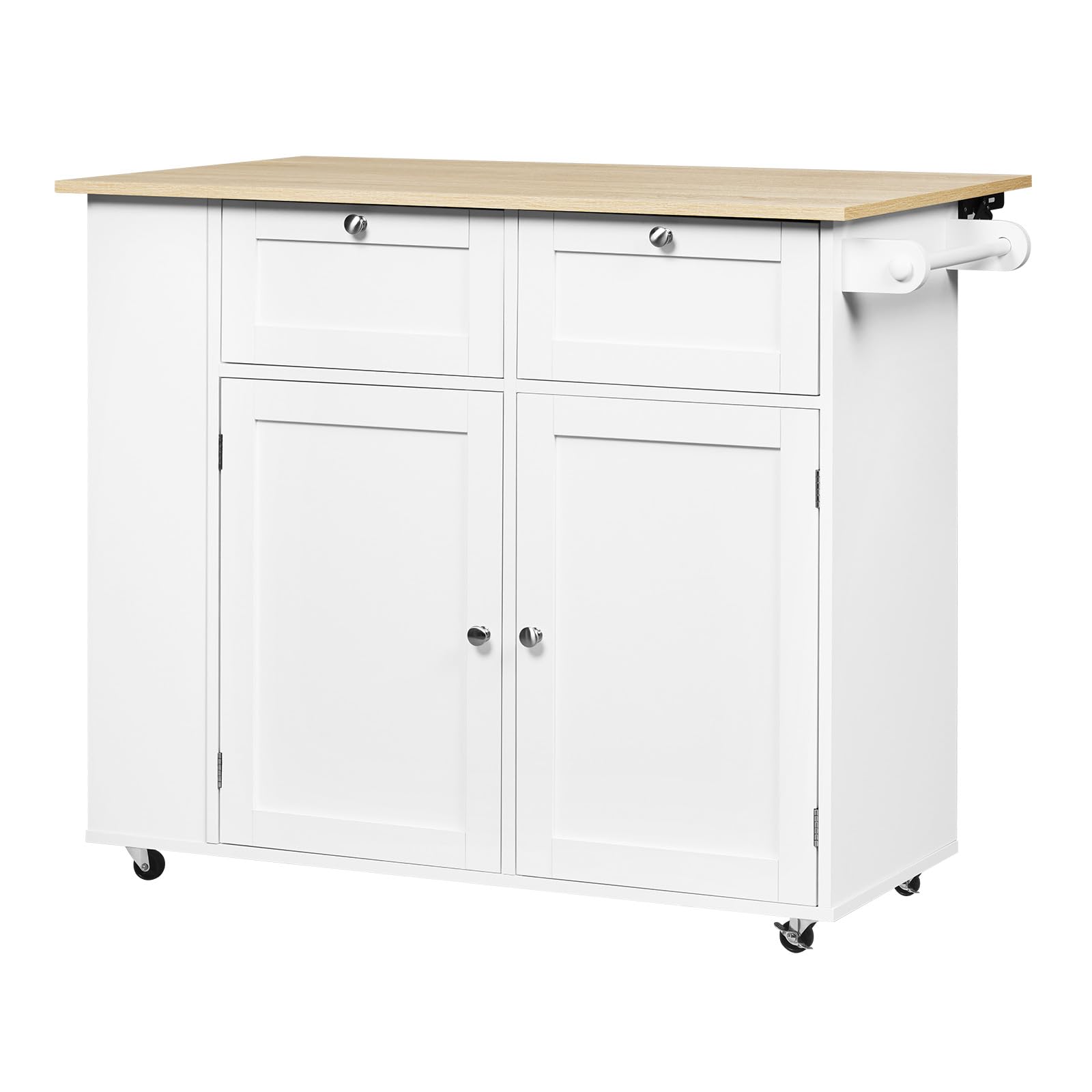WOLTU Isola Cucina con Ruote Girevoli a 360°, Piano Ribaltabile, Scaffale Laterale a 3 Ripiani e 2 Cassetti, Carrello Cucina in Legno con 2 Ante e Portasciugamani, Rovere Chiaro + Bianco