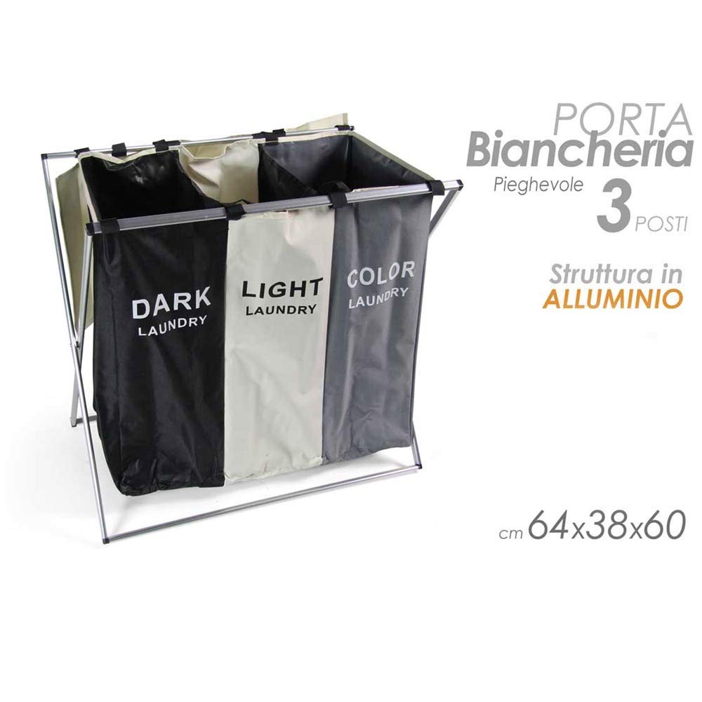 BAKAJI Cesto Biancheria Sporca a 3 Scomparti Multifunzione, Portabiancheria 3 Spazi Bianchi Neri e Colorati in Tessuto Struttura Pieghevole Dimensione 64 x 38 x 60 cm