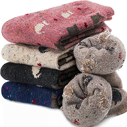 EBMORE Calcetines Térmicos de Merino para Mujeres, de Lana, de Senderismo Cálidos, Regalos para Mujeres, de Invierno, de Trabajo, de Tejido, 5 Pares (Gatitos de Corazón)