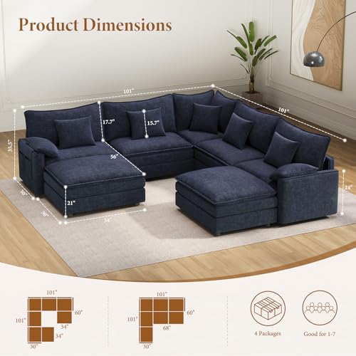 Image of Vesgantti 101 inch V-Shaped Corner Couch Sectional, 7 Seat Customizable Modular Cloud Couches with Movable Ottoman, Chenille Deep Seat Sofa Set with Chaise for Living Room, Bedroom and Apartment, Blue