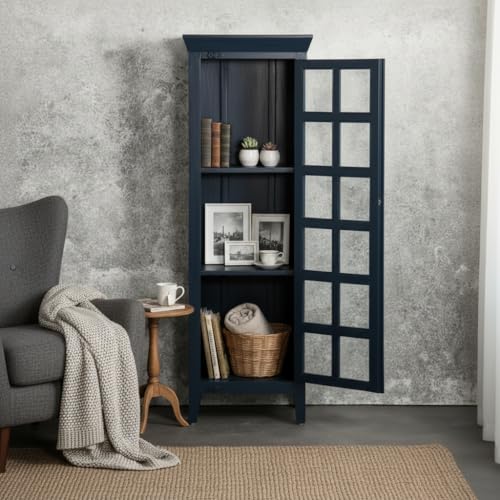 Image of APRODZ Mango Wood Crockery Cabinet with Glass Door | Wooden Kitchen Storage Cabinet for Dining Room Living Room & Bedroom | Tall Storage Cabinet with Shelves | Display Cabinet for Home, Navy Blue