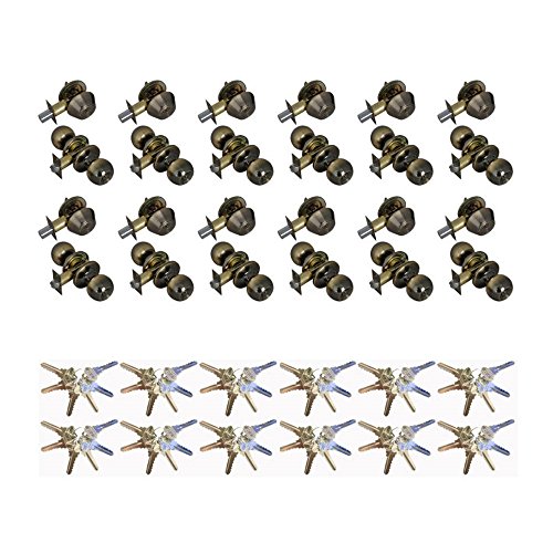 Buy 1 get 1 🔥 Grip Tight Tools ED04C-12, Set of 12 (Antique Brass) Combo Entry Lock Set Door Knob and Single Cylinder Deadbolt Alike: SC1 Keyway with 72 Keys Included