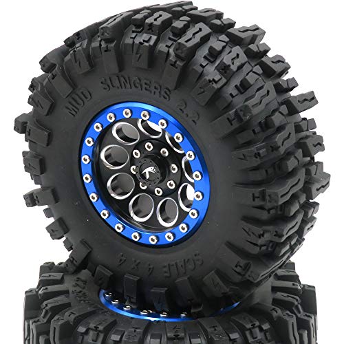 4Pcs Rc 2.2 Mud Slingers Tires Super Grip Rock Crawler Tyres Height 124Mm & Aluminium 2.2 Beadlock Wheels Rims Blue/Black/Silver Color #TOP7