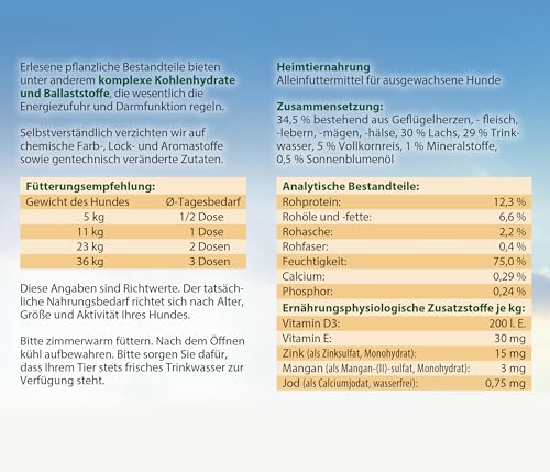 Dehner Best Nature Hundefutter, Nassfutter getreidefrei, für ausgewachsene Hunde, Lachs / Geflügel / Reis, 6 x 800 g Dose (4.8 kg)