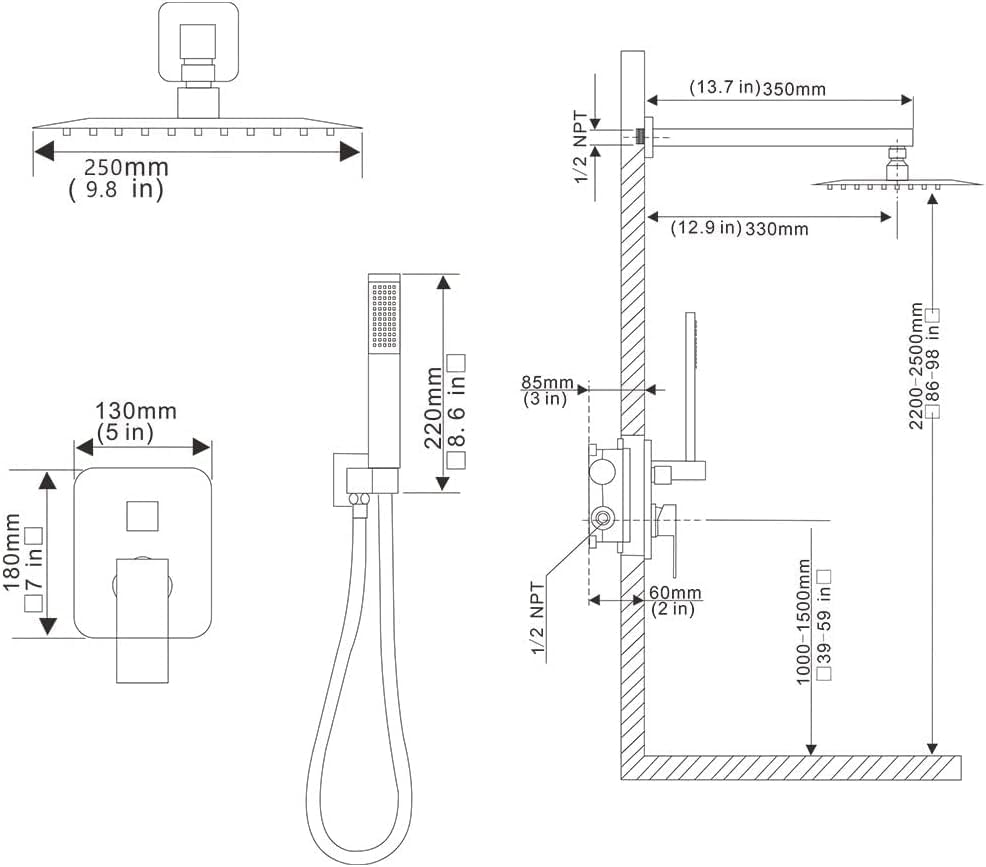 Miniatura 7 de Sistema de ducha negro mate de 10 pulgadas, cabezal de ducha de lluvia de lujo con conjunto combinado de mano, montado en la pared, sistema de