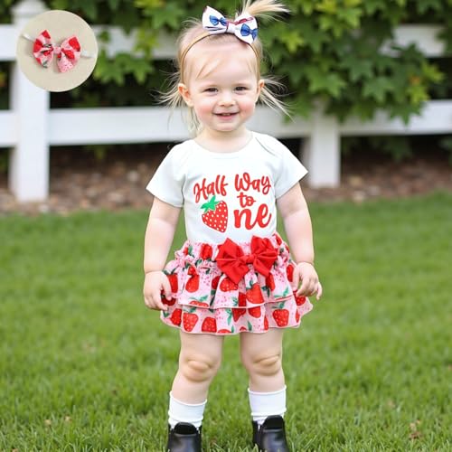 Baby Girl Birthday Outfit 1/2 Half Way To One Short Sleeve Watermelon Romper Ruffle Bloomer Skirt Set Summer Clothes3