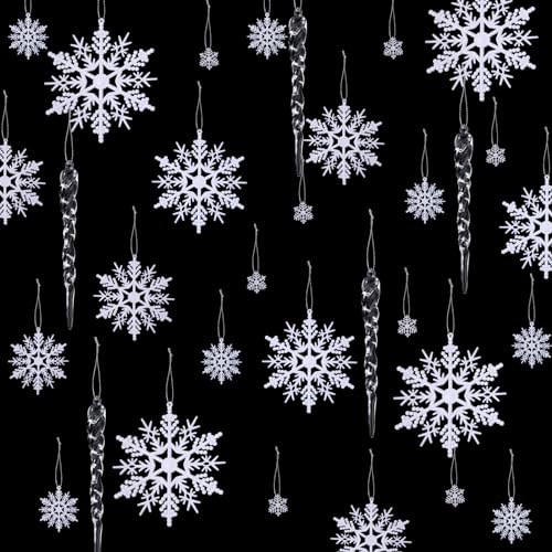 Qunclay 72 Pcs White Christmas Plastic Snowflake Ornament Acrylic Icicles