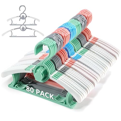 Image of PIGLOG 80 Pack Baby Closet Hangers Kids Clothes Hangers Adjustable (Mix Colors) with Windproof Buckles, Extendable 11"-14" Baby Hangers for Kids Child Newborn Toddler Stackable & Space-Saving
