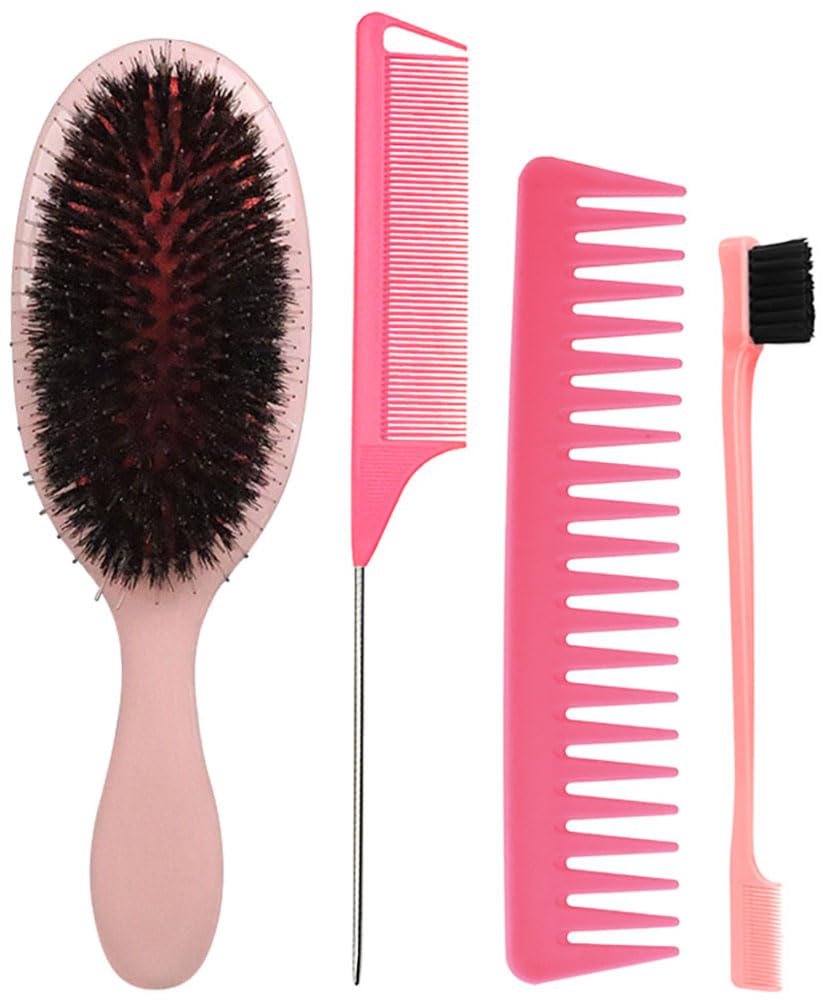 Boar Bristle Detangling Paddle Hair Brush and Comb Set for Curly Fine Straight Natural Hair, Anti-frizz Boar Nylon Mixed Bristle Styling Hairbrush for Women Men