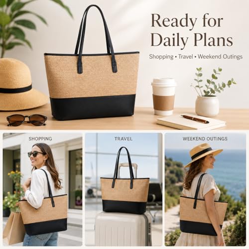 Image of QZUnique Straw Handbags Women Summer Beach Straw Hobo Tote Bag Hand Woven Handbag Tassel Shoulder Bag Purse