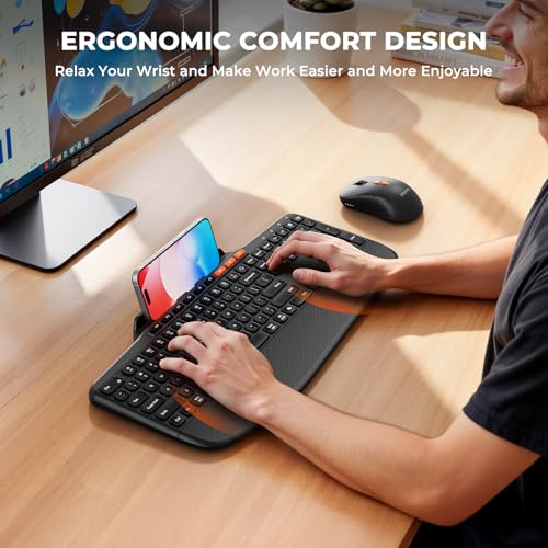 Image of MEETION Bluetooth Wireless Keyboard Mouse Combo with Tablet Holder | Slim ergonomic keyboard with quiet scissor keys, 4 DPI wireless mouse, works with Windows, Mac, PC, laptop, phone and tablet