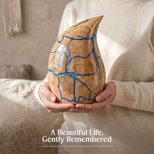 Image of Wooden Teardrop Cremation Urns for Human Ashes - 80 Cubic Inches Funeral Memorial Urn for Adult Women & Men - Blue Decorative, Burial Urn for Male or Female Memorial Display