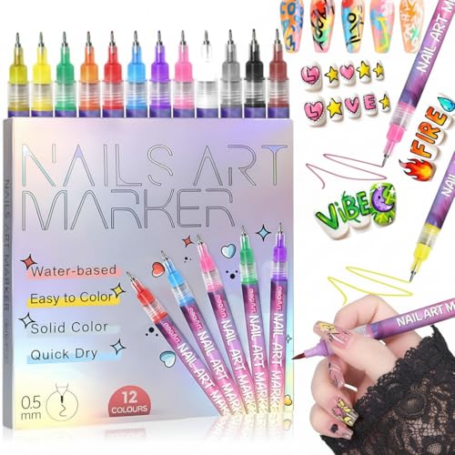 Lot de 12 stylos nail art 3D – Stylo nail art à pointe fine 0,5 mm, marqueur vernis à ongles pour décorations DIY, lignes et points sur ongles naturels, gel et faux ongles