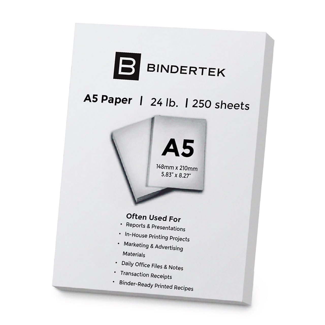 Bindertek 24 lb. A5 Size 5.83" x 8.27" Multi-Purpose Paper, Ream of 250 Sheets, 96 Brightness, 90 gsm, Acid Free Archival Quality, Perfect for Cards, Marketing and Promo Materials
