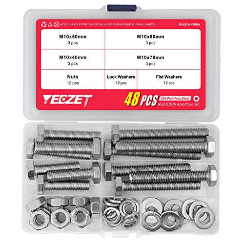 YEEZET M10 40 mm 50 mm 70 mm 80 mm 304 Stainless Steel Hex Bolts, Washers, Spring Washers & Nuts Assortment Kit, Pack of 12 - Image 3