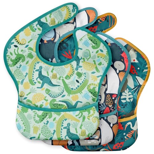 Image of CIVARUA KIDS 3-Pack Waterproof Baby Bibs for Eating - Mess Proof Lightweight Toddler Feeding Bibs with Large Food Catcher, Food-Grade Baby Eating Essentials, Easy to Put On & Clean(Green Animals)