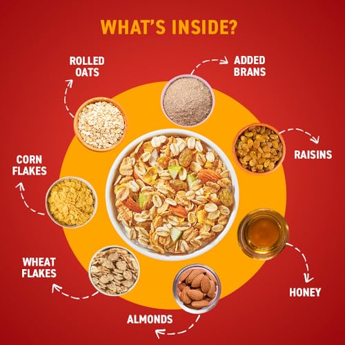 Image of Bagrry's Crunchy Muesli - 425g | 83% Multigrain, Brans, Almonds, Raisins & Honey | 40% Fibre Rich Oats | High Fibre and Protein Breakfast Cereal | No Added Preservatives | Non-GMO Oats | 100% Natural | Trans Fat & Cholesterol Free