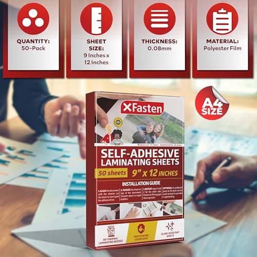 XFasten Self-Adhesive Laminating Sheets, 9 x 12 Inches (50-Pack), 4.76 Thickness Yellowing Resistant Seal Sealing Laminating Sheets Bulk, No Heat Self Laminating Sheets, Clear Shee image 6