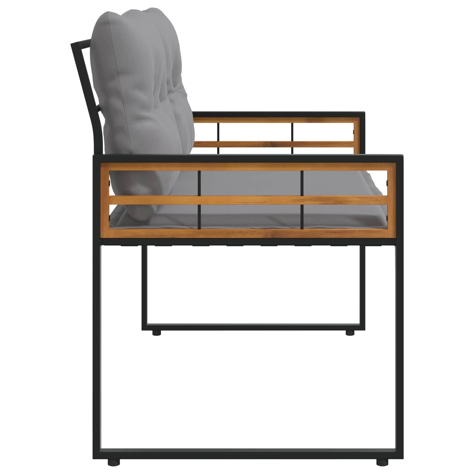Drewniana ławka z poduszkami, jasnoszara, wykonana z litego drewna akacjowego i stali malowanej proszkowo, 114 x 55 x 77 cm, do ogrodu, na taras, balkon i do użytku na zewnątrz, z regulowanymi