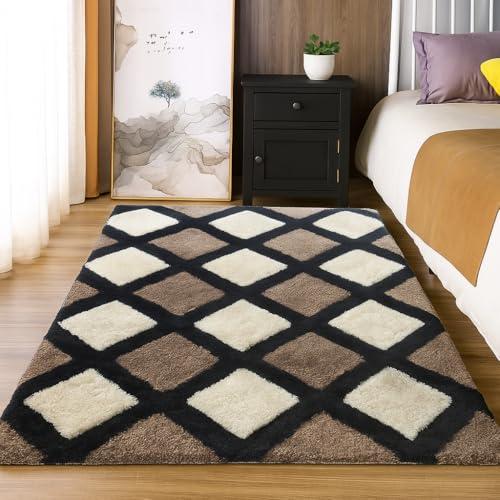 Image of 4x6 feet Soft Area Rug for Living Room and Bedroom, Modern Indoor Floor Carpet with Non-Slip Backing, Comfortable Decorative Home Decor Rug, Easy Clean & Durable- (Line Coffee, Rectangular)